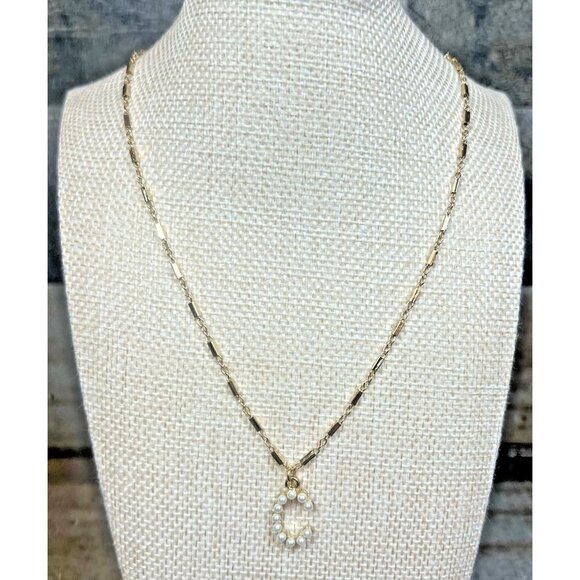 Plunder Necklace (new) ELIANA C -PEARL MONOGRAM ON GOLD CHAIN 21" - 24" NIB - Picture 1 of 9